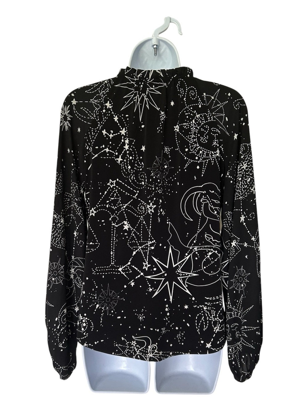 White House Black Market Celestial Zodiac Blouse Ruffle Tie Neck Black XS - Picture 3 of 9